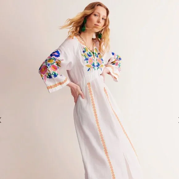 Boden Una Linen Embroidered Maxi Dress, Floral Garland, Ivory, 6P - Picture 2 of 11